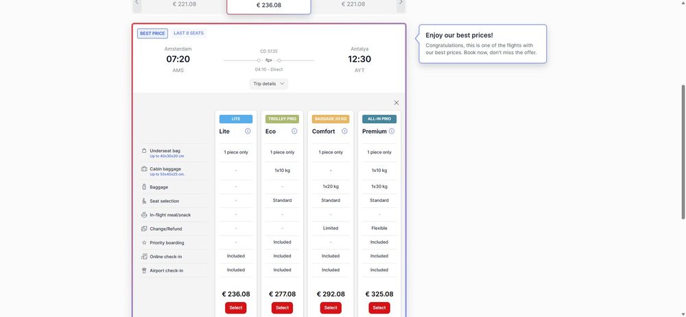 Выбор тарифа — покупка билета Corendon Airlines