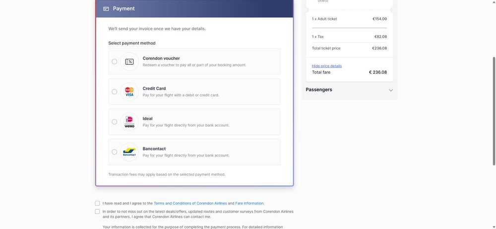 Оплата — покупка билета Corendon Airlines
