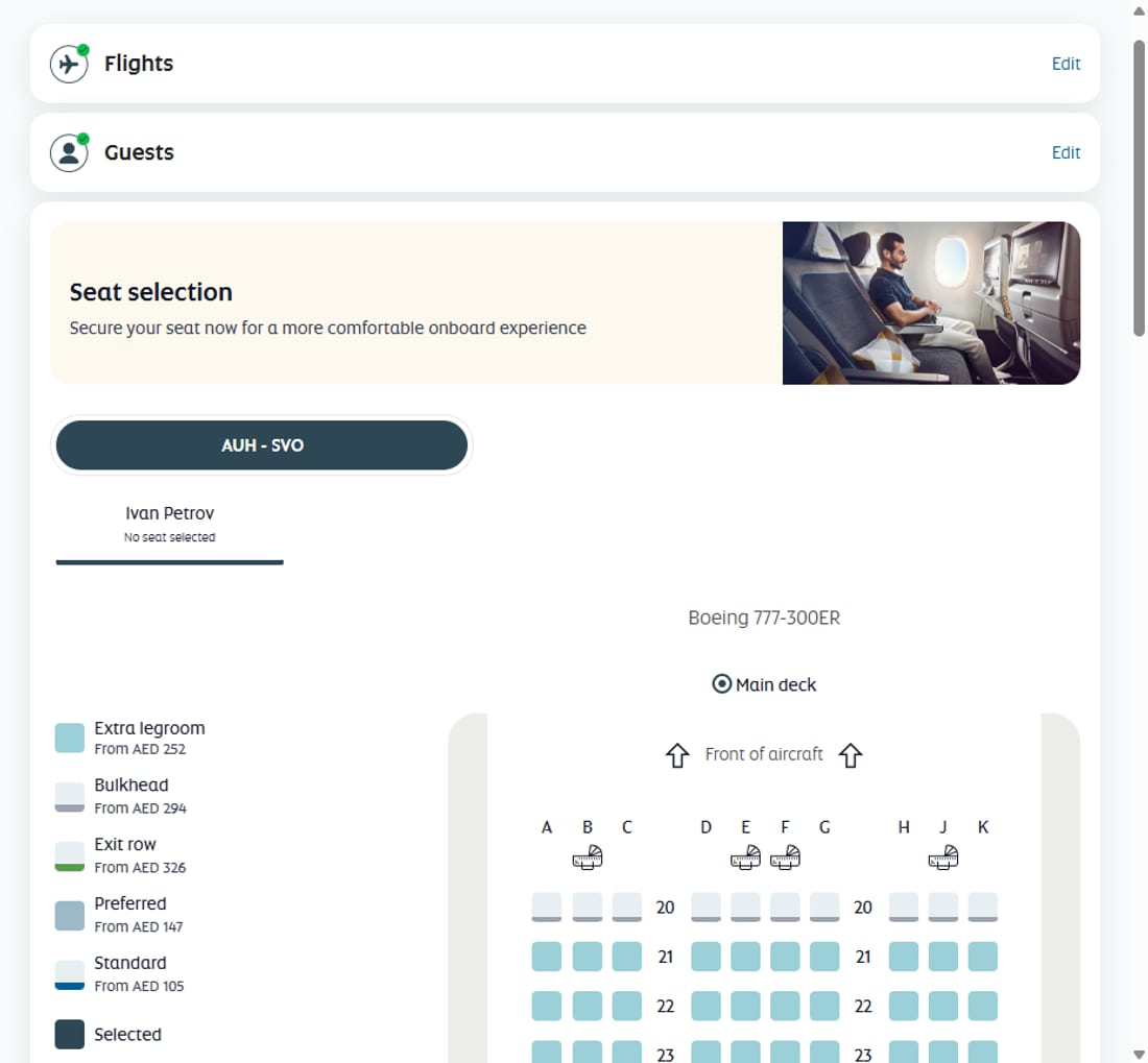 Места и допуслуги — покупка билета Etihad Airways