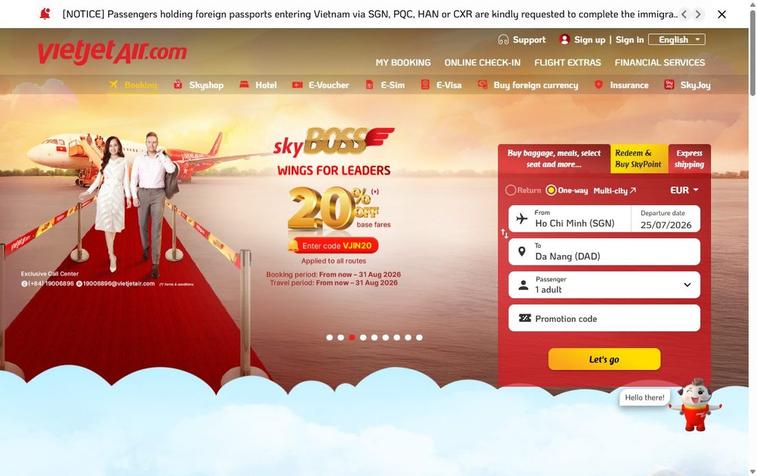 Поиск рейса — покупка билета Vietjet