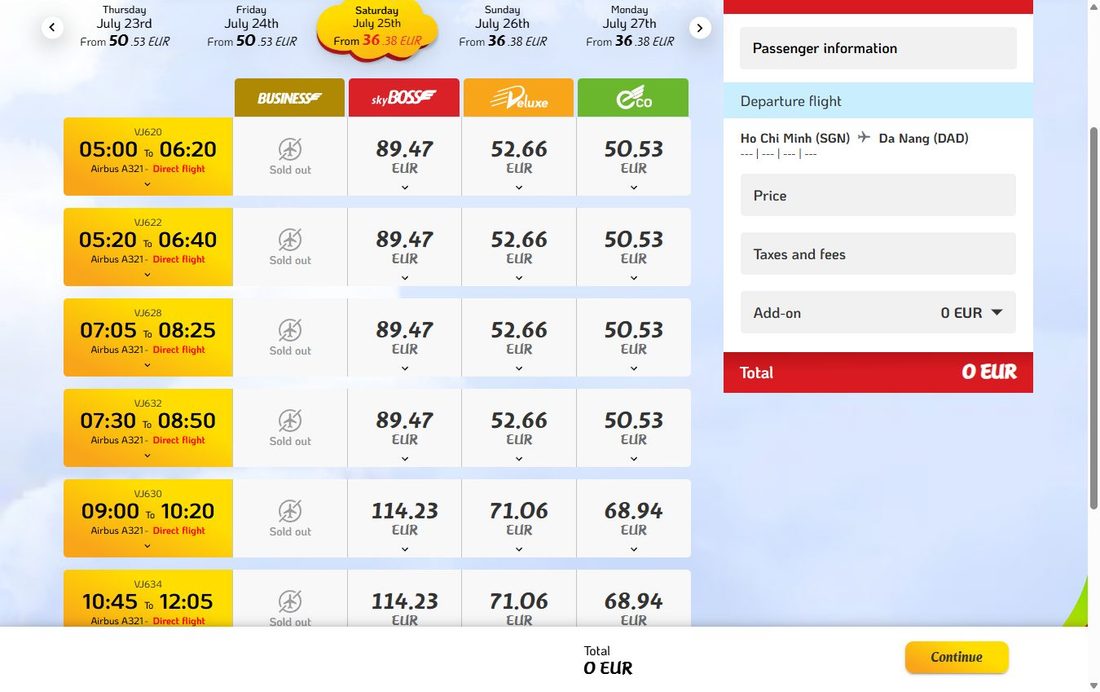 Выбор рейса и тарифа — покупка билета Vietjet
