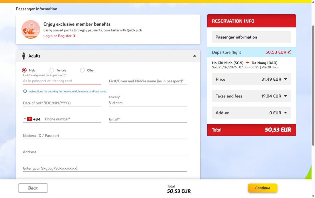Данные пассажира — покупка билета Vietjet