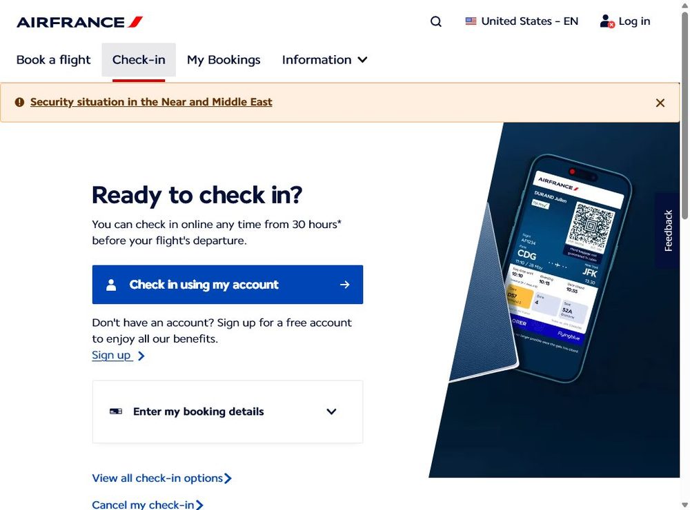 Форма онлайн-регистрации Air France на официальном сайте
