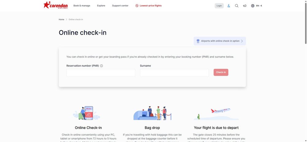 Форма онлайн-регистрации Corendon Airlines на официальном сайте