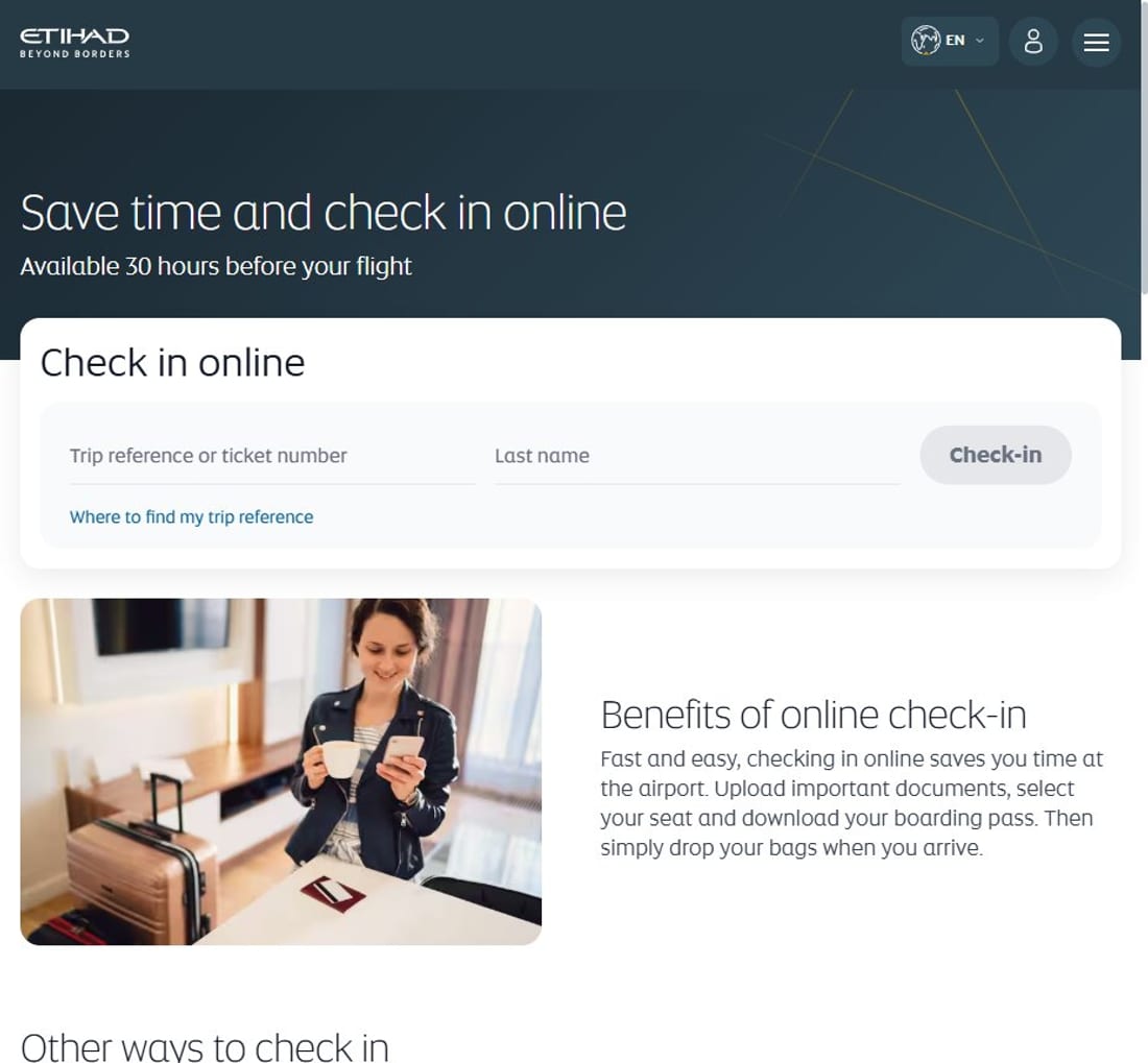 Форма онлайн-регистрации Etihad Airways на официальном сайте
